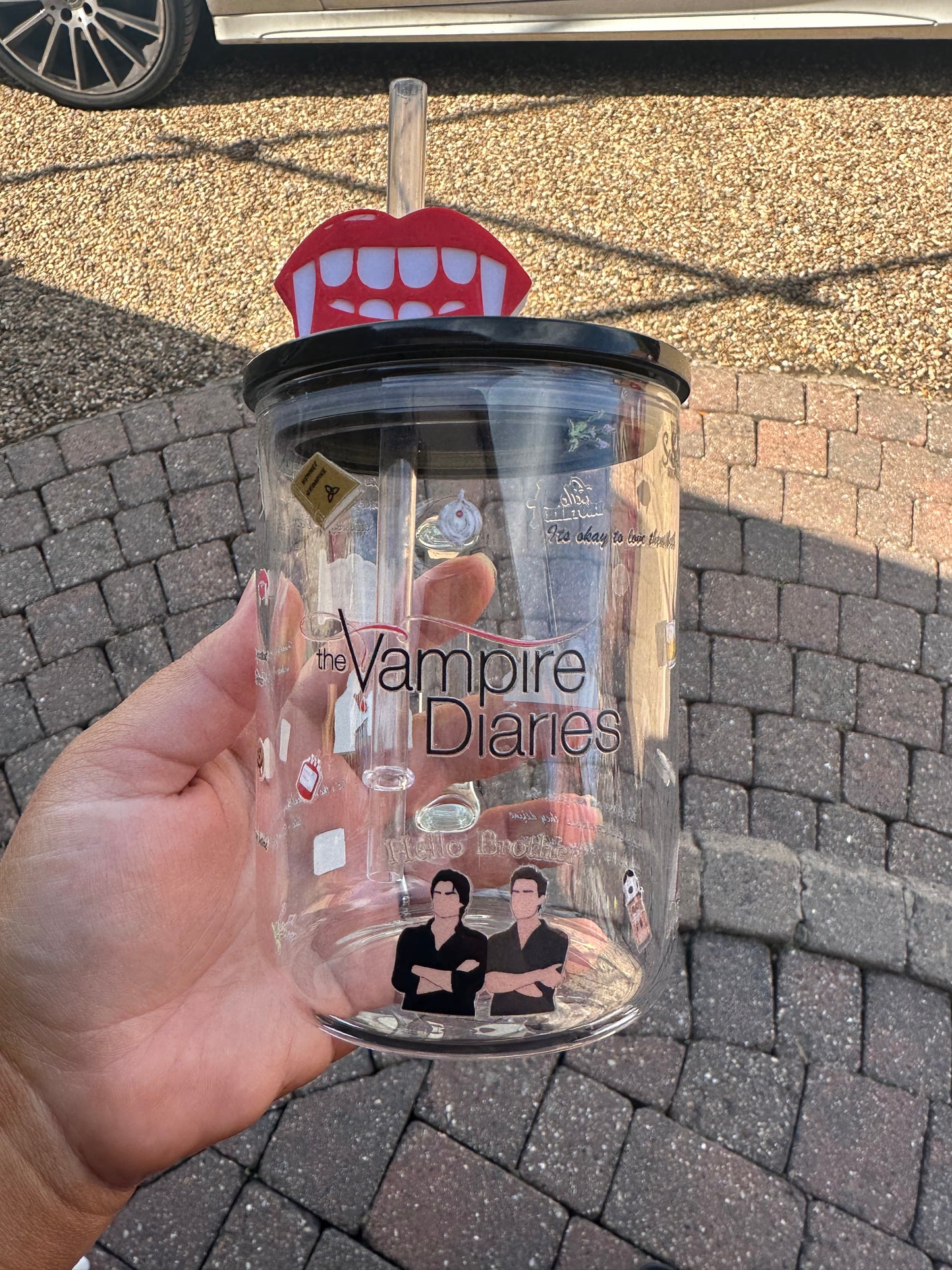 Vampire diaries glass mug with lid